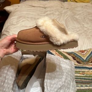 UGG Brown and Cream Shearling Slip-Ons